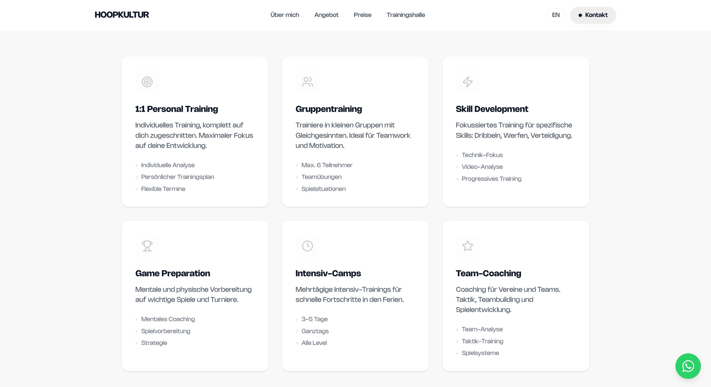 Screenshot der Hoopkultur-Website: Angebotsübersicht mit Trainingsformaten