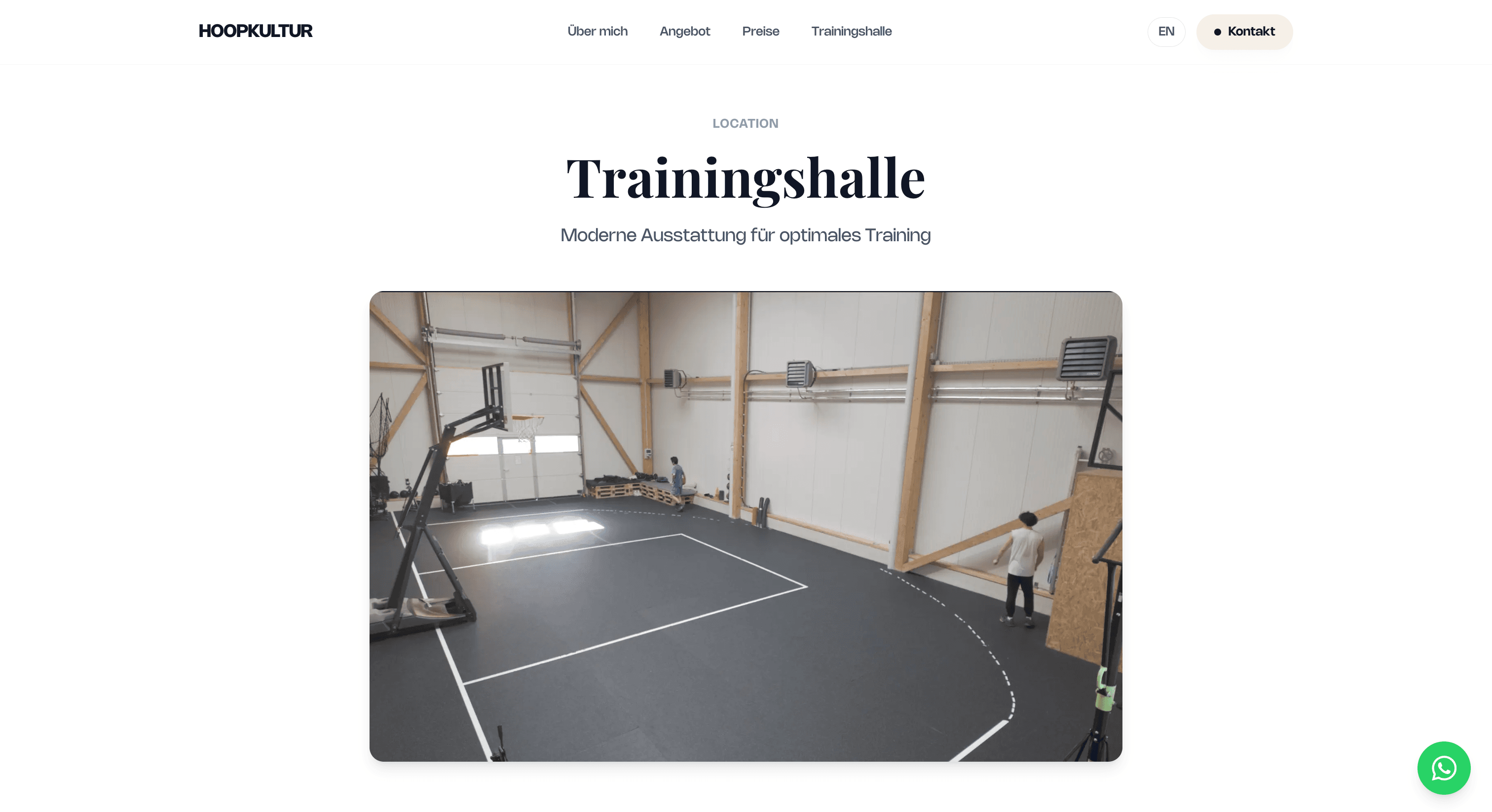 Screenshot der Hoopkultur-Website: Trainingshalle mit Hallenfoto