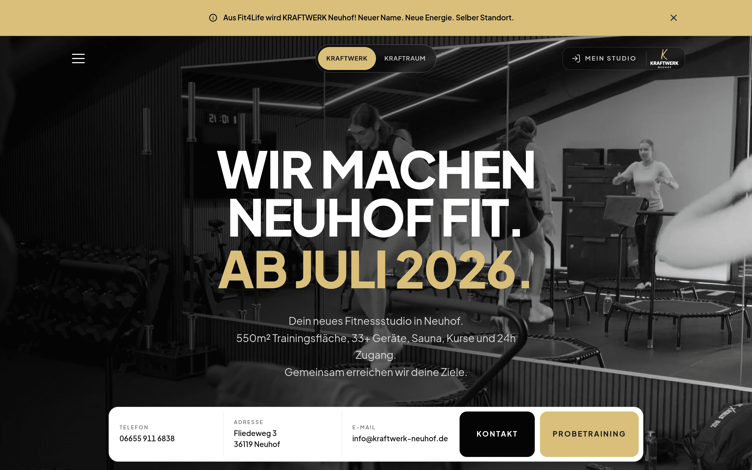 Screenshot der Kraftwerk-Neuhof-Website: Startseite mit Studio-Claim