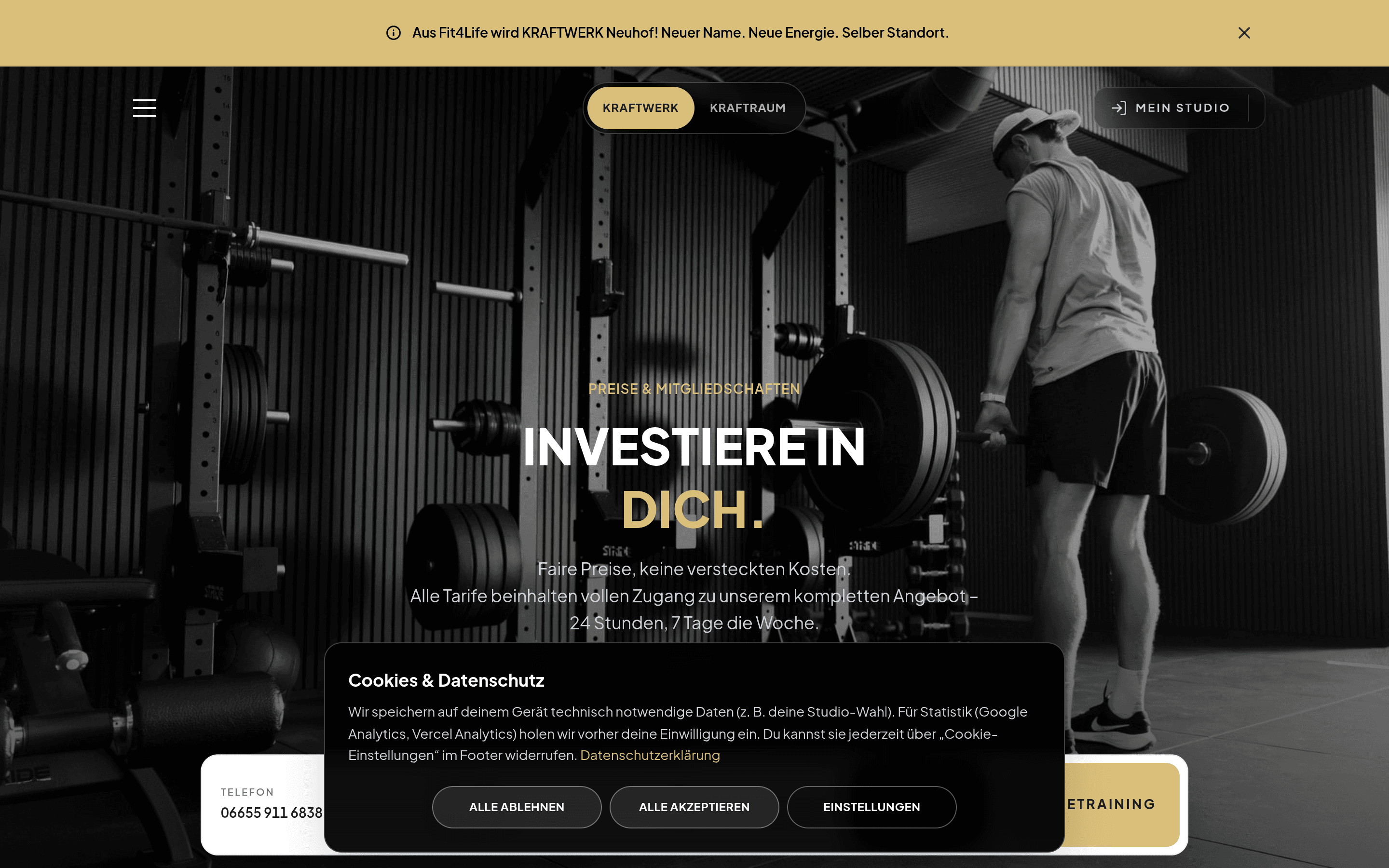 Screenshot der Kraftwerk-Neuhof-Website: Preisseite mit Tarifen